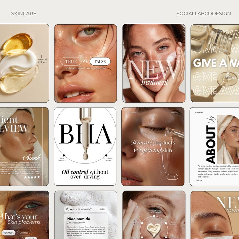 Puede incluir: Una cuadr&iacute;cula de anuncios de productos para el cuidado de la piel. Los anuncios presentan primeros planos de rostros, aplicaciones de productos y texto como "NEW Treatment" y "Oil control without over-drying". La paleta de colores es neutra con acentos dorados y blancos.