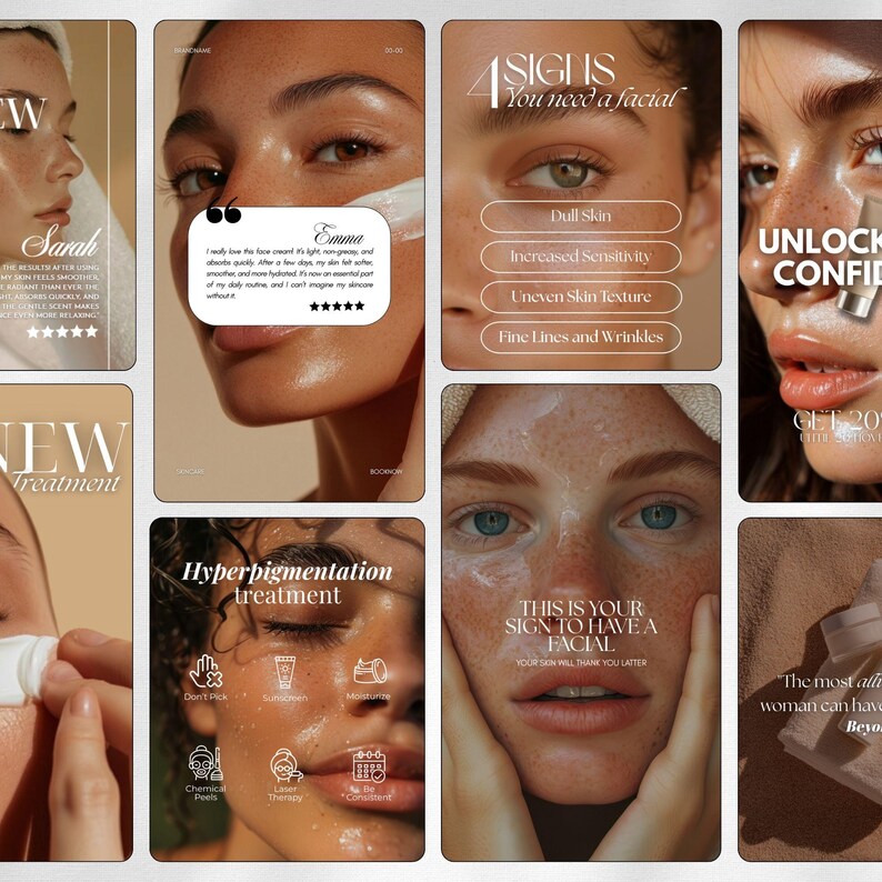May include: A collage of beauty product advertisements featuring close-up images of faces. The ads highlight skincare treatments, facials, and product benefits. Text includes "4 Signs You Need a Facial" and customer testimonials.