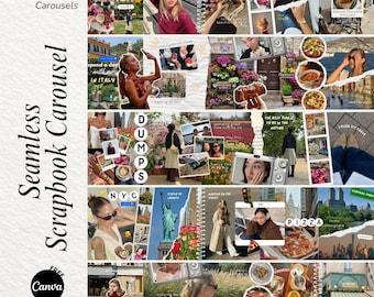May include: A digital template set featuring 8 Instagram carousels with a scrapbook aesthetic. The layout includes various photo collages, handwritten-style text overlays, and graphic elements like spiral notebook bindings, paper tears, and floral accents.