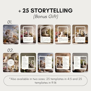 May include: A promotional image featuring a collection of skincare product templates. The image includes text that reads "+ 25 STORYTELLING (Bonus Gift)" and "Secrets to Glow Skin". The templates are displayed with a natural aesthetic, showcasing skincare products.