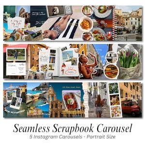 Puede incluir: Una plantilla de collage digital tipo álbum de recortes con múltiples marcos de fotos de temática viajera, superposiciones de texto manuscrito como A Day in My Life in Italy y elementos gráficos que incluyen cámaras, flores y mapas.