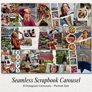 Op de afbeelding: Een digitaal collagesjabloon genaamd Seamless Scrapbook Carousel met meerdere fotolijsten, gescheurde papierranden en handgeschreven tekstoverlays. De lay-out bevat diverse lifestyle-afbeeldingen, foto's van eten en bloemstukken voor sociale media.