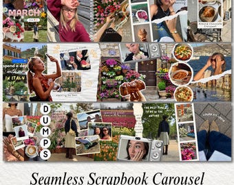 May include: A digital collage template titled Seamless Scrapbook Carousel featuring multiple photo frames, torn paper edges, and handwritten-style text overlays. The layout includes various lifestyle images, food shots, and floral arrangements designed for social media.