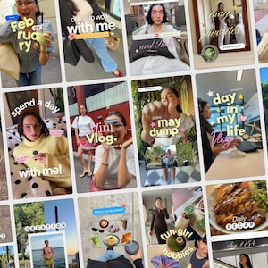 Könnte beinhalten: Eine Collage aus mehreren vertikalen Social-Media-Videoframes mit verschiedenen Lifestyle-Szenen, darunter Essen, Tagesabläufe, Reisen und persönliche Vlogs, mit überlagerten Textgrafiken wie "day in my life", "vlog" und "monthly highlights".