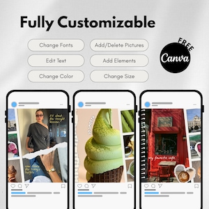 May include: An image promoting Canva's customization features. The text reads "Fully Customizable" with options to change fonts, add/delete pictures, edit text, add elements, change color, and change size. Three mock-up phone screens display Instagram posts.