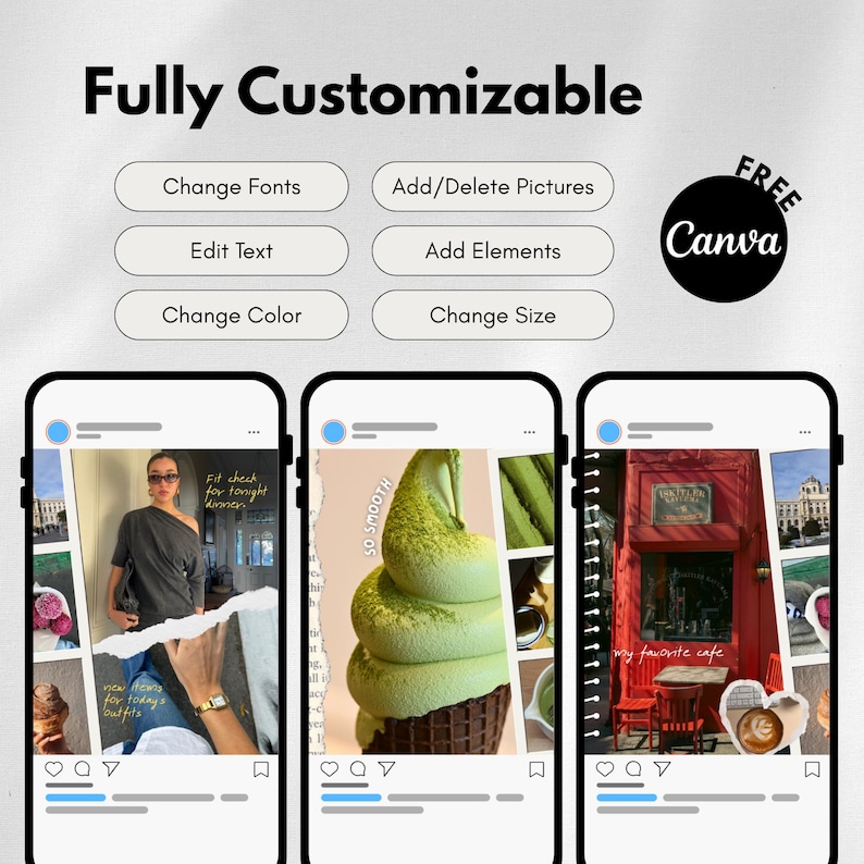 May include: An image promoting Canva's customization features. The text reads "Fully Customizable" with options to change fonts, add/delete pictures, edit text, add elements, change color, and change size. Three mock-up phone screens display Instagram posts.