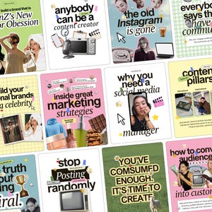 May include: A collection of twelve digital marketing educational graphics featuring various layouts, text overlays, photographs of people, and illustrations of objects like cameras, microphones, laptops, and food items in a collage style.