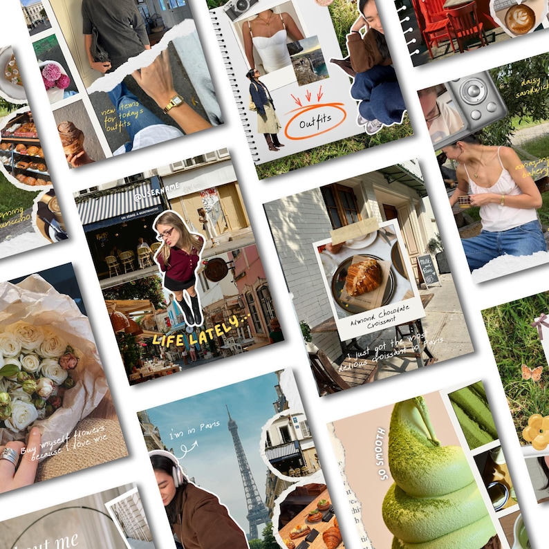 May include: A collage of images with a travel and lifestyle theme. Includes photos of outfits, food, flowers, and a person in Paris. Text includes "outfits", "Life Lately", and "Almond Chocolate Croissant".