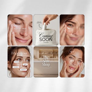 May include: A collage of skincare product advertisements. One image shows a woman applying anti-aging cream, another features a mini oil essential product with "Coming Soon" text. Other images highlight clear skin and skin problem solutions.