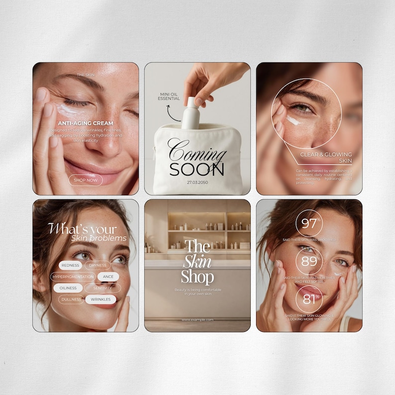 May include: A collage of skincare product advertisements. One image shows a woman applying anti-aging cream, another features a mini oil essential product with "Coming Soon" text. Other images highlight clear skin and skin problem solutions.