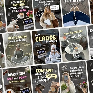 May include: A collection of digital marketing social media graphics featuring various lifestyle imagery, including coffee cups, laptops, digital clocks, flowers, and people, with overlaid text providing business advice and content strategy tips.