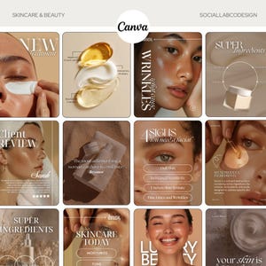 Könnte beinhalten: Eine Collage von Werbung für Hautpflege- und Schönheitsprodukte. Die Bilder zeigen Nahaufnahmen von Gesichtern, Produktanwendungen und Zutatenlisten. Texte umfassen "Neue Behandlung", "Falten", "Kundenrezension" und "Super Inhaltsstoffe".