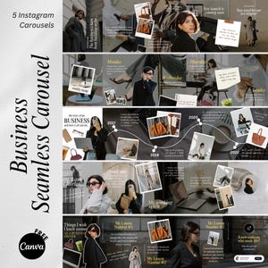 May include: An Instagram carousel template graphic. The design incorporates a timeline with images, text, and illustrations. Text includes "Business Seamless Carousel" and "5 Instagram Carousels". The colour scheme is neutral, using brown and beige hues.