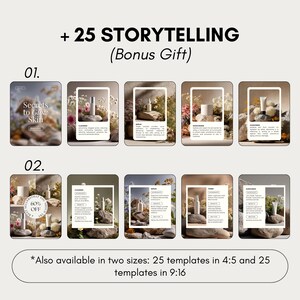 Puede incluir: Imagen promocional con plantillas de productos para el cuidado de la piel. Incluye el texto "+ 25 STORYTELLING (Bonus Gift)" y "Secrets to Glow Skin". Las plantillas se presentan con un dise&ntilde;o natural, mostrando productos para el cuidado de la piel.