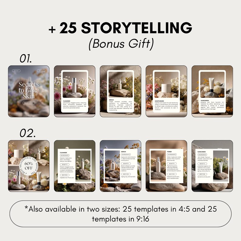 Puede incluir: Imagen promocional con plantillas de productos para el cuidado de la piel. Incluye el texto "+ 25 STORYTELLING (Bonus Gift)" y "Secrets to Glow Skin". Las plantillas se presentan con un dise&ntilde;o natural, mostrando productos para el cuidado de la piel.