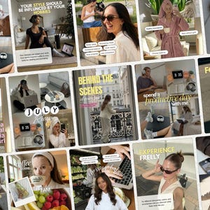 Könnte beinhalten: Eine Collage aus Social-Media-Beiträgen mit Lifestyle-Bildern, darunter eine Person im rosa Bademantel, eine Person am Laptop, eine Person im beigen Mantel, Kaffeegetränke und verschiedene Texteinblendungen wie 'Behind the scenes'.