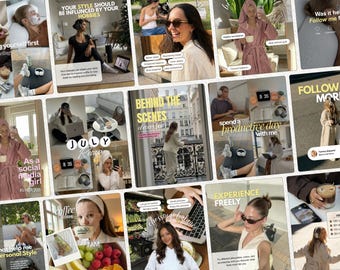 Könnte beinhalten: Eine Collage aus Social-Media-Beiträgen mit Lifestyle-Bildern, darunter eine Person im rosa Bademantel, eine Person am Laptop, eine Person im beigen Mantel, Kaffeegetränke und verschiedene Texteinblendungen wie 'Behind the scenes'.