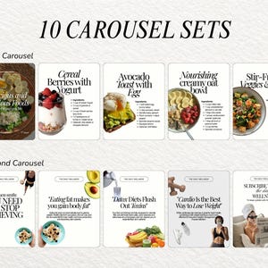 May include: A digital template set titled 10 CAROUSEL SETS featuring two rows of five panels each. The first row displays food recipes like Cereal Berries with Yogurt and Stir-Fried Veggies & Tofu. The second row shows wellness myths and text.