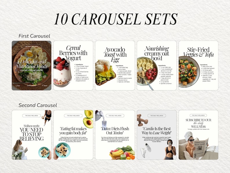 May include: A digital template set titled 10 CAROUSEL SETS featuring two rows of five panels each. The first row displays food recipes like Cereal Berries with Yogurt and Stir-Fried Veggies & Tofu. The second row shows wellness myths and text.