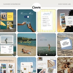 Op de afbeelding: Een collage van zomerse afbeeldingen, waaronder een strandscène, een checklist en een kalender voor juli. Het woord "Canva" staat bovenaan en de zin "Summer Scrapbook" is ook zichtbaar. De afbeeldingen zijn in een raster gerangschikt.