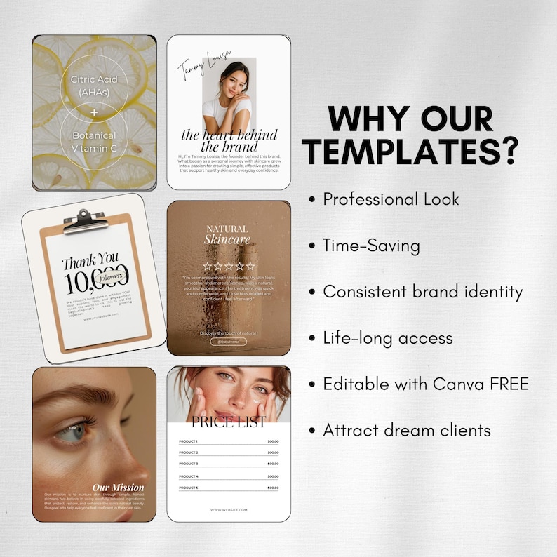 May include: A promotional image featuring various skincare-related templates. The image includes text such as "Citric Acid," "Botanical Vitamin C," "Natural Skincare," and "Price List." The image also includes the text "Why Our Templates?" and "Thank You 10,009 Followers."