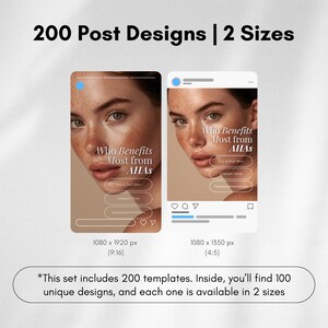 May include: A digital product advertisement featuring two mockups of social media posts. The posts showcase a woman's face with text: "Who Benefits Most from AHAs." The text also includes "Dry & Dull Skin," "Uneven Tone," and "Hyperpigmentation." The image includes the text "200 Post Designs | 2 Sizes."