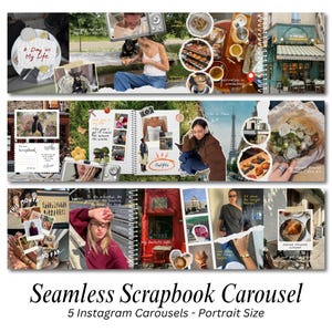 Puede incluir: Un carrusel de scrapbook sin costuras con una colección de imágenes, texto e ilustraciones. El diseño incluye el texto "A Day in My Life", "Scrapbook", "Outfits" y "THIS MONTH SO FAR..." El carrusel está diseñado para Instagram.
