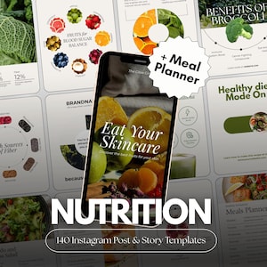 Könnte beinhalten: Eine digitale Grafik, die für Ernährung wirbt und ein Smartphone mit dem Text "Eat Your Skincare" und Bildern von Früchten zeigt. Das Bild enthält Infografiken über Früchte, Ballaststoffquellen und Essensplanung, mit dem Wort "NUTRITION" prominent angezeigt.