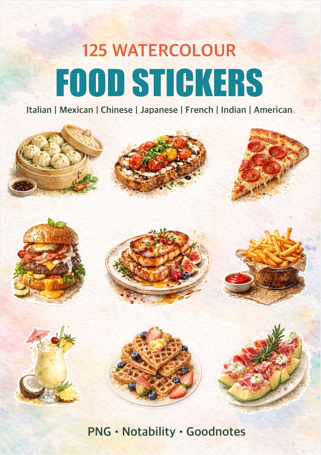 Color Sticker For Food 125 Watercolor Food Stickers Bundle | PNG Planner Stickers for ...