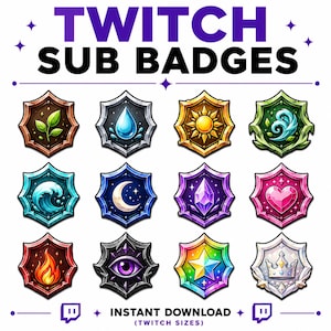 Könnte beinhalten: Ein Set aus zwölf sechseckigen Twitch-Abonnenten-Abzeichen mit verschiedenen Symbolen wie Blatt, Wassertropfen, Sonne, Welle, Mond, Kristall, Herz, Feuer, Auge, Stern und Krone. Der Text TWITCH SUB BADGES und INSTANT DOWNLOAD (TWITCH SIZES) ist zu sehen.