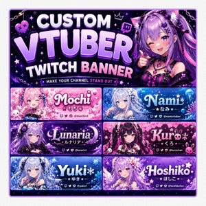 May include: Custom VTuber Twitch banner design in purple, pink, and blue. The banner features anime-style illustrations of characters with names like Mochi, Nami, Lunaria, Kuro, Yuki, and Hoshiko. Text includes "MAKE YOUR CHANNEL STAND OUT."