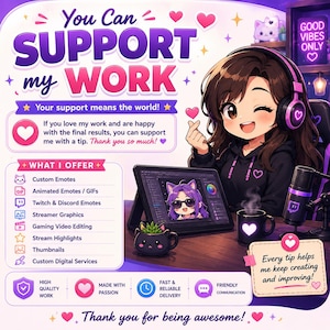 Puede incluir: Una ilustración digital que presenta el texto 'You Can SUPPORT my WORK' y una lista de servicios que incluye emoticonos personalizados, GIF animados y gráficos para streamers. Un personaje estilo anime con auriculares.