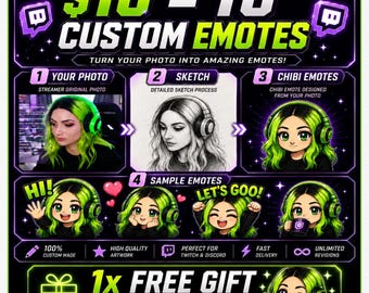 10 Custom Twitch Emotes | Chibi Emotes From Your Photo | Discord Emotes | VTuber Emotes | 1 Free Animated Emote