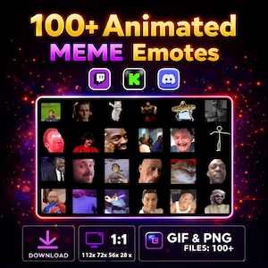 以下が含まれることがあります： 黄色と紫で「100+ Animated MEME Emotes」というテキストが表示されたデジタルグラフィック。画像には、Twitch、Kick、Discordのアイコンとともに、アニメーション化されたミームの顔のグリッドが表示されています。下部にはダウンロードとファイルタイプの情報が含まれています。