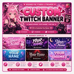 Könnte beinhalten: Eine digitale Werbeanzeige für benutzerdefinierte Twitch-Banner mit einem Anime-Charakter mit rosa Haaren, einer schwarzen Katze und sechs Beispiel-Bannerdesigns. Der Text enthält "CUSTOM TWITCH BANNER", "DESIGNED FOR VTUBERS & STREAMERS" und "DM to Customize Your Banner".