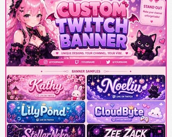 Custom VTuber Twitch Banner | Anime Stream Banner | Kawaii Streamer Branding | Twitch YouTube Discord Kick Header
