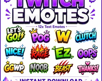 12 Gaming Text Emotes for Twitch & Discord (Digital Download)