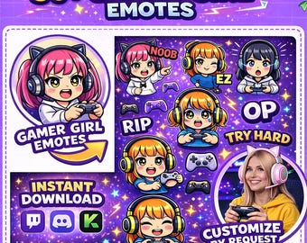 Anime Gamer Girl Emotes Pack | Twitch, Discord, VTuber Streamer Bundle (Digital Download)