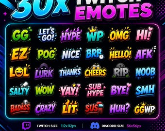 30 Twitch Text Emotes | Gaming Chat Emotes | Discord PNG Emote Pack | Stream Emoji Bundle | Instant Download
