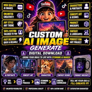 May include: A digital advertisement for custom AI image generation services featuring a cartoon character wearing a YouTube cap, holding a tablet displaying a castle. The graphic includes text boxes detailing service features, digital download options, and various image examples like portraits, cars, a corgi, and a mug.