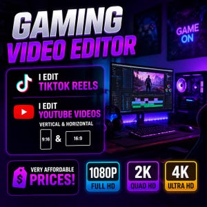 May include: A promotional image for a gaming video editor. The text includes "GAMING VIDEO EDITOR", "I EDIT TIKTOK REELS", and "I EDIT YOUTUBE VIDEOS". It also highlights video resolutions: 1080P, 2K, and 4K. The image features a computer setup with a monitor.