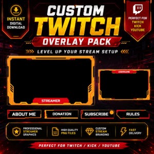 May include: A digital overlay pack for Twitch, Kick, and YouTube streams. The design features a black background with gold and red accents. Text includes "CUSTOM TWITCH OVERLAY PACK" and various buttons for stream elements. Includes "INSTANT DIGITAL DOWNLOAD".
