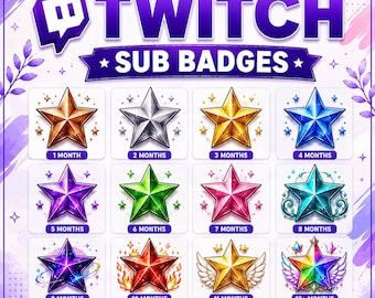 Star Twitch Sub Badges | 12 Loyalty Badges, VTuber PNGTuber Pack (Digital Download)