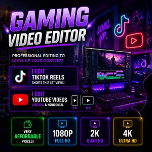 May include: A promotional image for a gaming video editor, featuring the text "GAMING VIDEO EDITOR" in purple and white. The image highlights services for TikTok Reels and YouTube videos, with resolution options from 1080P to 4K Ultra HD. The image also includes the text "VERY AFFORDABLE PRICES!"