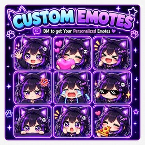 Può includere: Grafica quadrata con nove emote personalizzate raffiguranti un personaggio dei cartoni animati con orecchie da gatto, capelli viola e varie espressioni. Il testo "CUSTOM EMOTES" è in alto, con "DM to get Your Personalized Emotes" sotto.