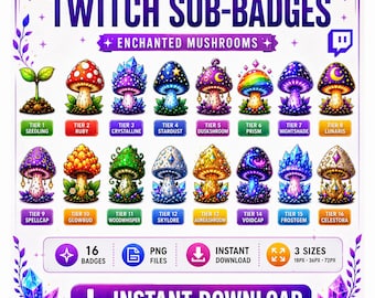 Enchanted Mushroom Twitch Sub Badges | 16 Tier Fantasy Progression | Cozy Stream Badges (Digital Download)