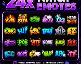 24 Twitch Text Emotes | Stream Chat Emote Pack | Discord PNG Emotes | Gaming Text Emoji | Instant Download