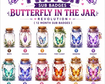 Butterfly Jar Twitch Badges | 12 Month Sub Badges | Fantasy Butterfly Badge Pack | Cute Twitch Subscriber Badges | PNG Download