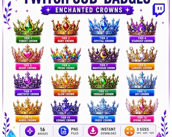 Royal Crown Twitch Sub Badges | 16 Level Fantasy Badge Pack | Kingdom Stream Badges | Discord PNG | Instant Download