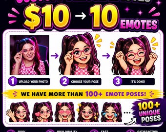 Custom Twitch Emotes, Turn Your Photo into Emotes, 10 Emotes Pack, Cute Streamer Emotes for Twitch Discord Kick, Chibi Gaming Emotes